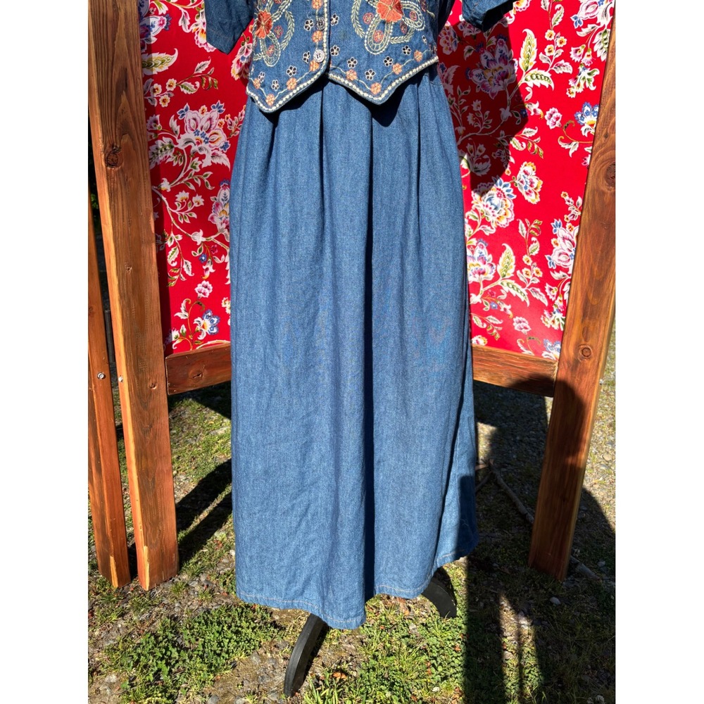 VTG 90's 100% Cotton Soft Denim Embroidered Western Prairie Maxi Dress Size L - Picture 10 of 16